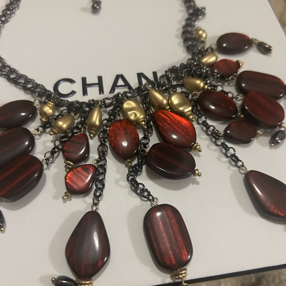 Chico's Red-Brown and Gold Beaded Fringe Necklace